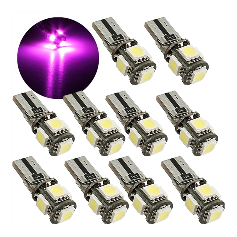 10Pcs Purple T10 W5W 5050 5SMD LED Canbus Error Free Bulbs For 192 168 194 Clearance Lamps License Plate Lights 12V