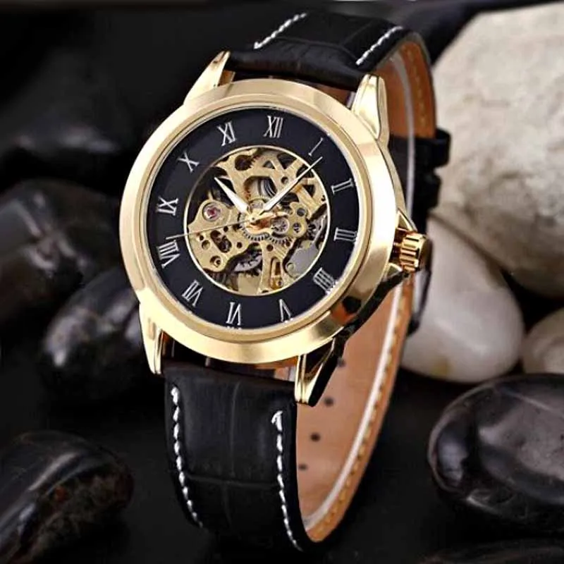 

Classic Men Watches Fashion Roma Dial Automatic Mechanical Wristwatches Men Skeleton Watches Leather Band relogio masculino 2020