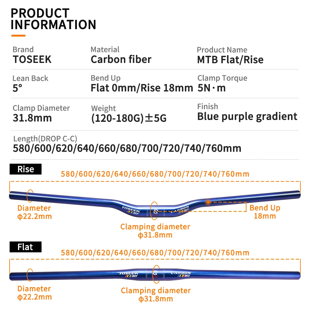 TOSEEK WCS Carbon Fiber Handlebar Bicycle MTB Handlebars for Stem Diameter 31.8mm Bike Mountain Bars Parts 580mm - 760mm