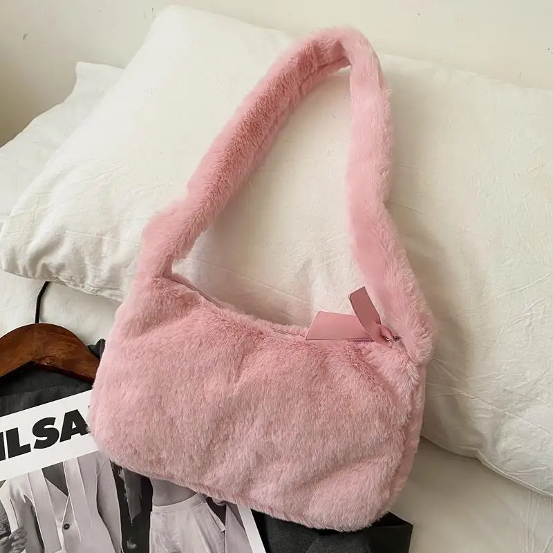 Simple Design Women Soft Plush Hobos Shoulder Bags Winter Furry Ladies Clutch Purse Handbag Fashion Female  Underarm Bag