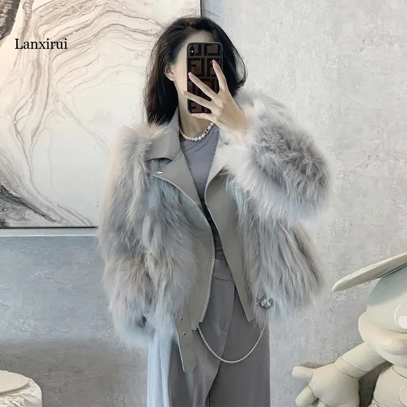 Winter Jacket Real Raccoon Fur Jacket Short Women Natural Fur Coat Streetwear New Fashion Outerwear Luxury Knitted Jacket