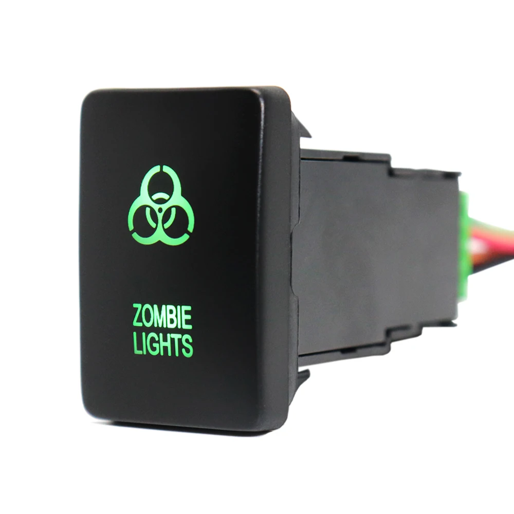 12V Zombie Lights Pushbutton Switch ON-Off Green LED Lights with Connector Wire For Toyota Rav4 Prado 150/200 Series Camry Prius