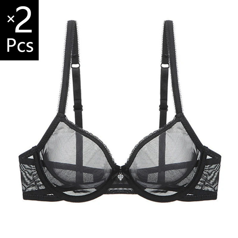 2 Piece Mesh Transparent Bras For Women Plus Size Sexy Lingerie Underwire Push Up See Thourgh Female Lace Brassiere Top A B C D