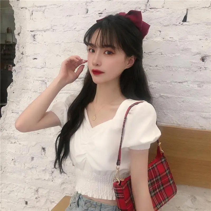 

Blouses Women Summer Puff-sleeve Shirts Square Collar Solid Pleated Sweet Girls Crop-top Korean Style Elegant Fashion Vintage