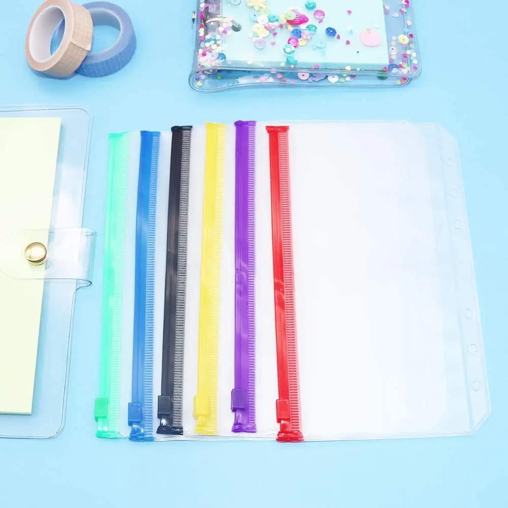 12Pcs/Set A6 Binder Zipper Pouch Loose Leaf 6 Hole PVC Folder for 6-Ring Journal Budget Filing Pockets Waterproof Envelopes