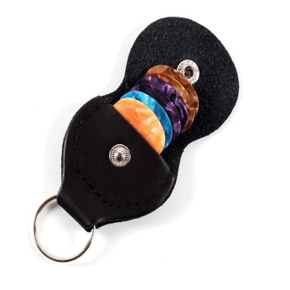 1pc Guitar Pick Holder Genuine Leather Black Plectrum Buckle Creative Hang Buttons Case Guitar Keychain Guitar Accessories