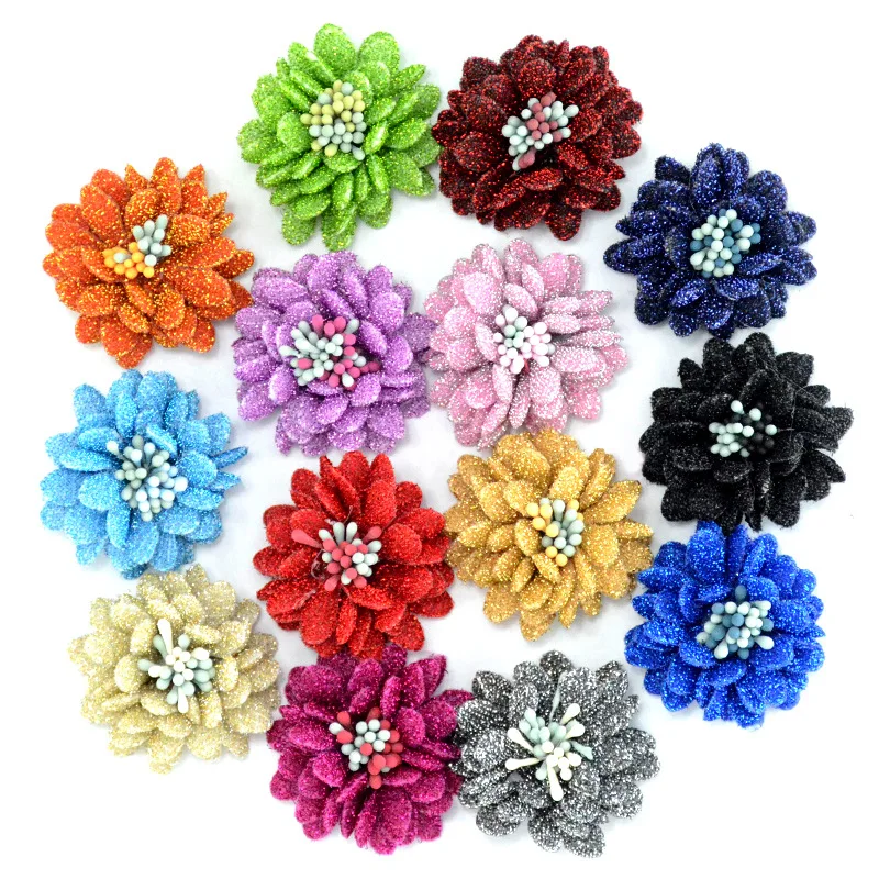 48pcs Fabric Flowers Hand Shiny glitter Flower Core Flowers DIY Hair Accessories Clothing Shoes and Hats Jewelry Accessories 4cm