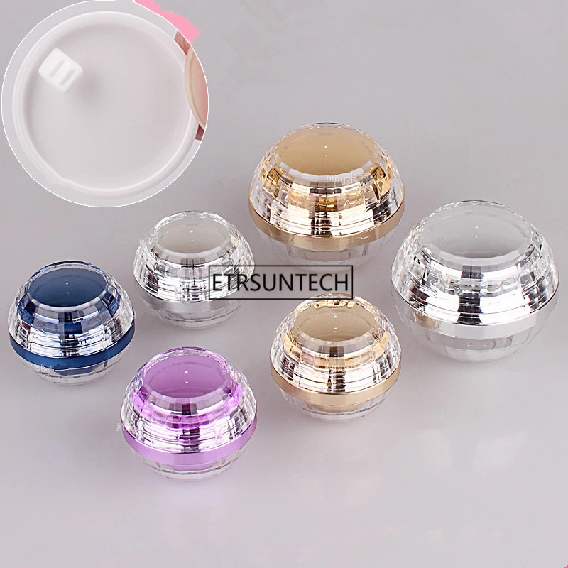 

50pcs 5/10/15/30/50g Gold Silver Acrylic Spherical Jar, Cream Sample Packing Box,lotions cream jar cosmetic container F3677