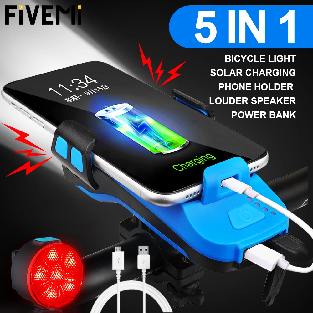

Bicycle Light USB Solar Charging 5 IN 1 Multifunction Horn Phone Holder Front Lamp Flashlight For Bike Led Bicycle Light lantern