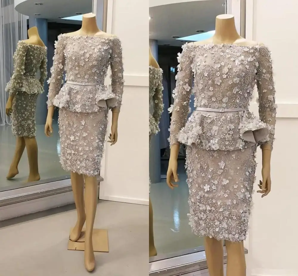 Joelho-comprimento mãe do noivo vestidos com manga longa 2021 fora do ombro 3d floral rendas peplum mãe vestido de ocasião