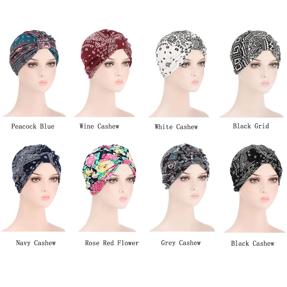 Trendy Print Lady Turban Bonnet Soft Stretch Flowers India Wrap Head Scarf Inner Hijabs for Women Muslim Headdress Hijab Caps