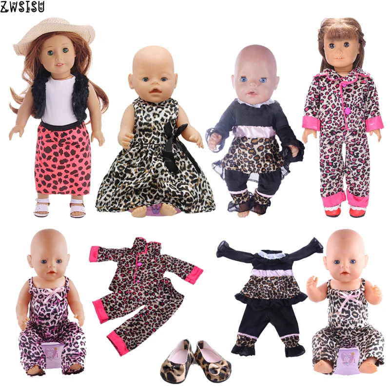 Doll Clothes Leopard Series Dating Dress Skirt Suit Shoes For 18 Inch American Doll&43 Cm Born Doll For Generation Baby Girl`s