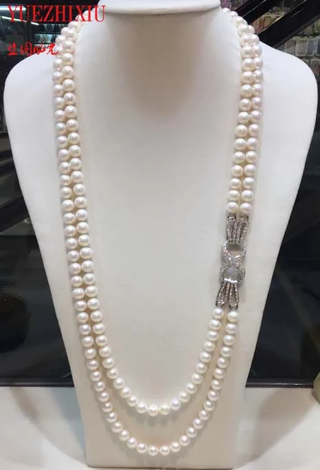 Natural freshwater pearls 7-8mm 2row necklace Bracelet women's Pearl Bead Bead long sweater chain double necklace 24-26inch