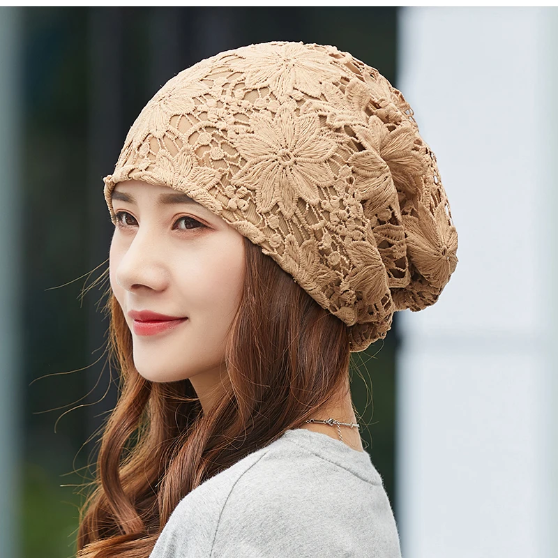 Women hats spring summer thin bonnets for women designer lace flower skullies headscarf hat autumn latest turban beanies fashion