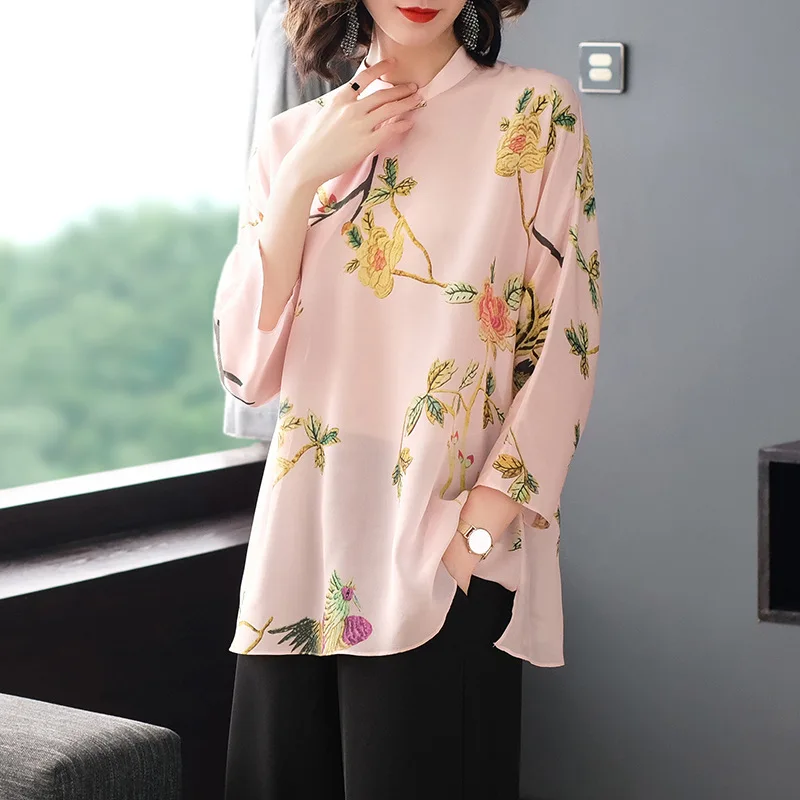 Real Silk Shirts Womens Tops and Blouses Long Sleeve Blouse Spring Autumn Korean Fashion Clothing Women Blusas P7562 YY2621