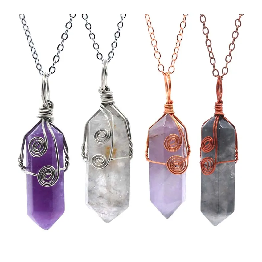 KFT Natural Healing Crystal Quartz Stone Pendant Necklace Handmade Wire Wrapped Hexagon Prism Faceted Stone Chain Necklace