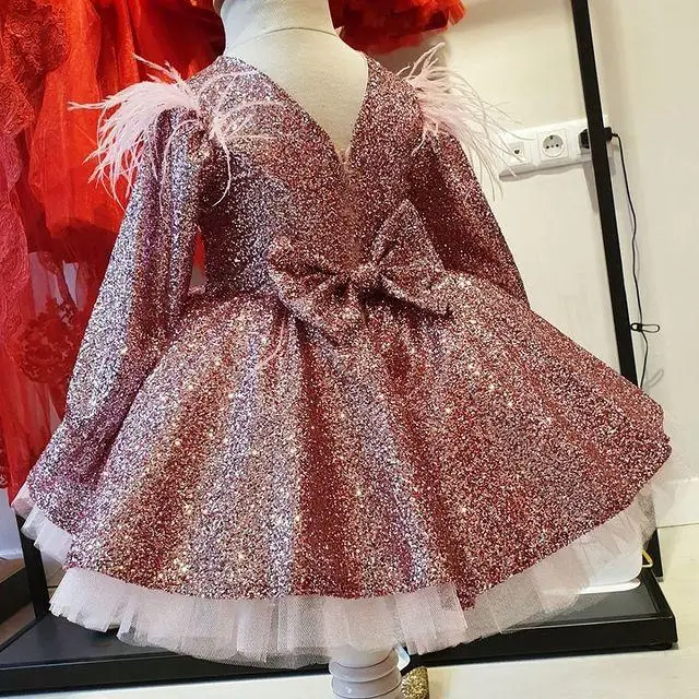 Robes à fleurs pour filles, Rose or, paillettes, robe de bal, plumes, manches longues, robes de spectacle d'anniversaire pour petits enfants, robes de mariage, 2021