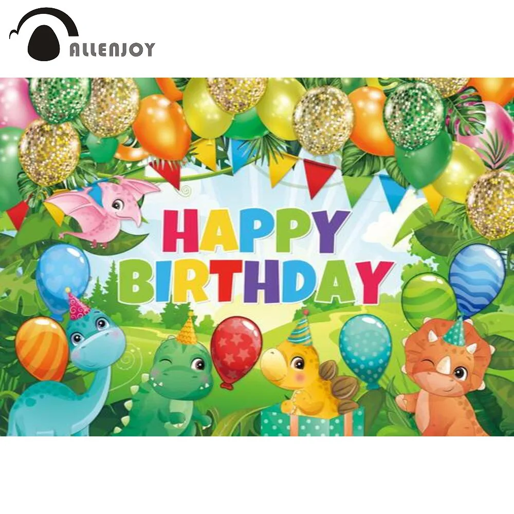 Allenjoy Happy Birthday Party Dinosaur  Animals Flag Banner Backdrop Balloon Jungle Safari Baby Shower Celebration Background