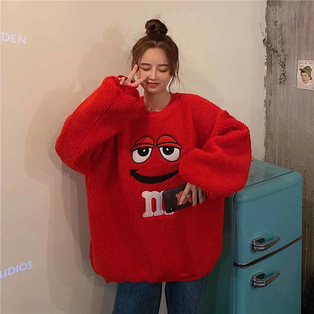 Faux Lamb Wool Hoodies Sweatshirts Women O Neck Cartoon Letter Sweatshirts Long Sleeve Loose Pullocver  Outwear