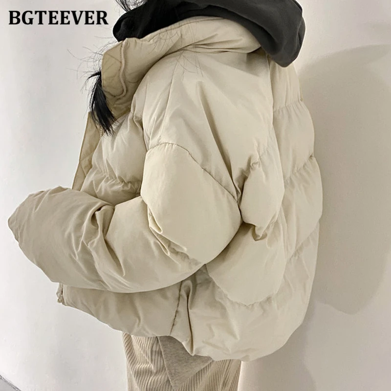 BGTEEVER Chic Winter Turtleneck Thicken Warm Women Down Jacket Full Sleeve Zippers Loose Casual Cotton Padded Female Parkas 2021