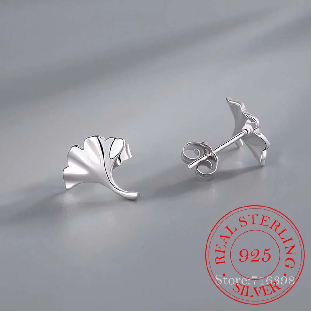 100% 925 Solid Real Sterling Silver Ginkgo Biloba Plant Leaf Stud Earrings For Women Prevent Allergy Brincos pendientes