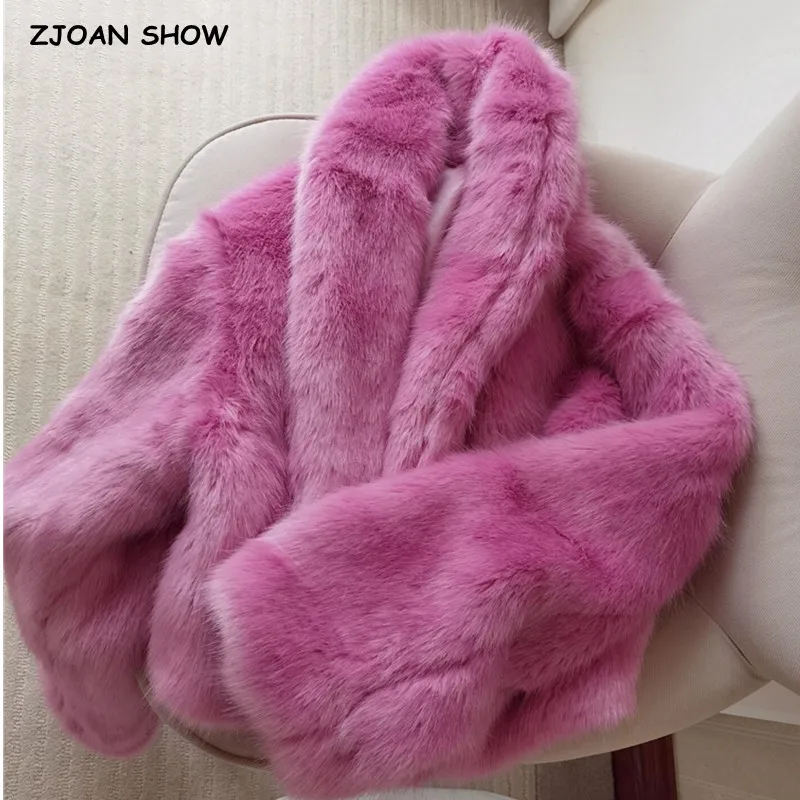 2021 Winter Women Shawl Color Lapel Short Faux Fox Fur Jackets Warm Rose Pink Soft Hairy Shaggy High Waist Coat  Party Outerwear