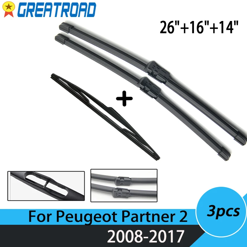 Wiper Front Rear Wiper Blades Set For Peugeot Partner 2 2008- 2017 2016 Windshield Windscreen 26