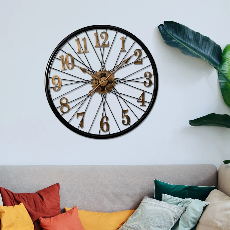 Large Mute Wall Clock 3D Nostalgic Wall Clock Creative Wall Decoration Clock Industrial Style Used Wheel Household Wall Watch