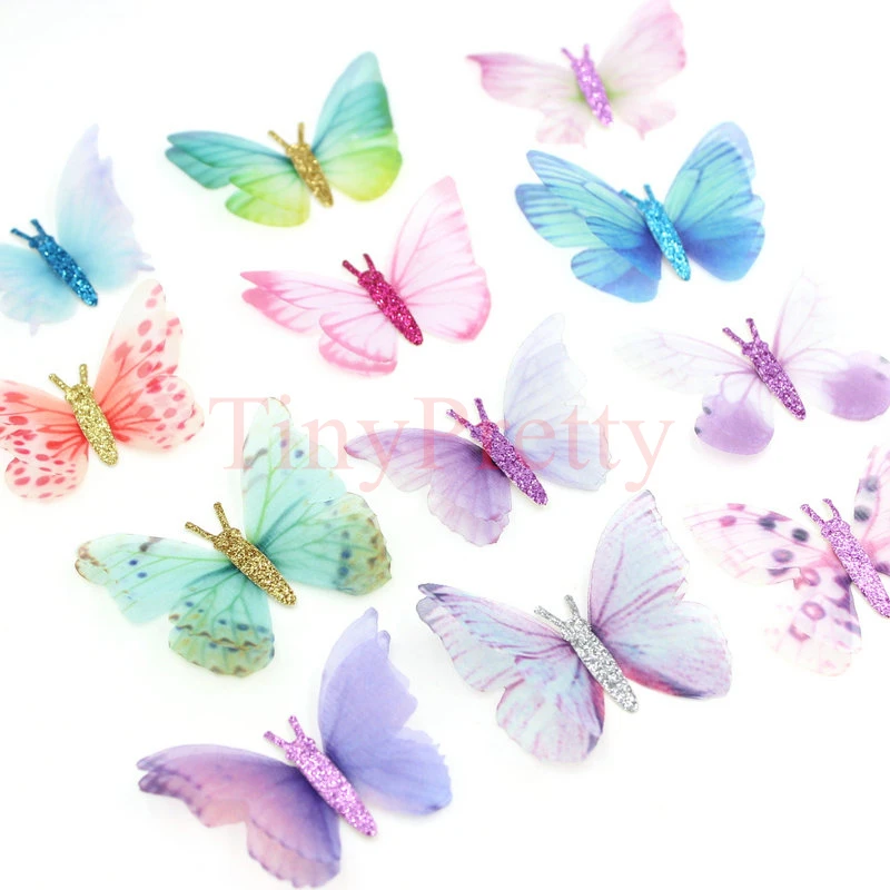 20pcs 50mm Glitter Organza Butterflies Double-layer Printed Butterfly Applique Patches Accessory for DIY Jewelry Making