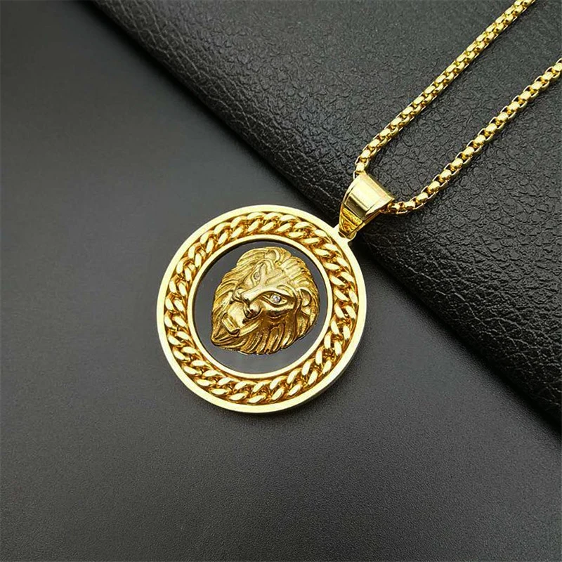 Mens Lion Head Necklace Pendant With Cuban Chain Male Hip Hop Gold Color Stainless Steel Animal Necklace Golden Jewelry Dropship