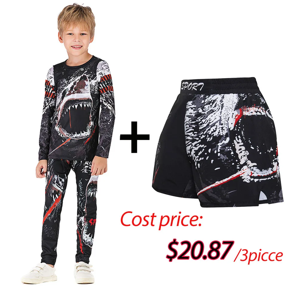 Kids MMA Rashguard BJJ GI T-shirt +Pants Jiu Jusit Tight Trousers Muay Thai Shorts 3Pcs/Set Children MMA Compression Sportsuits