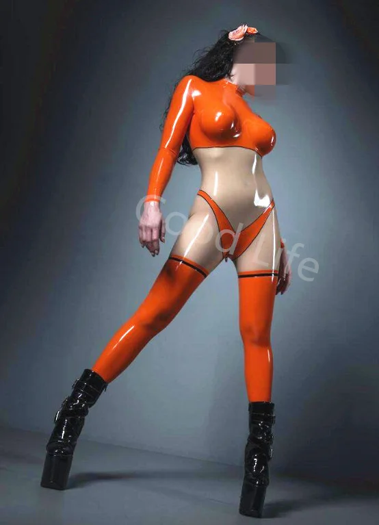 Fancy latex catsuit skinny clothes high quality party costume Orange (negotiation color) with transparent stitching xs-xxl