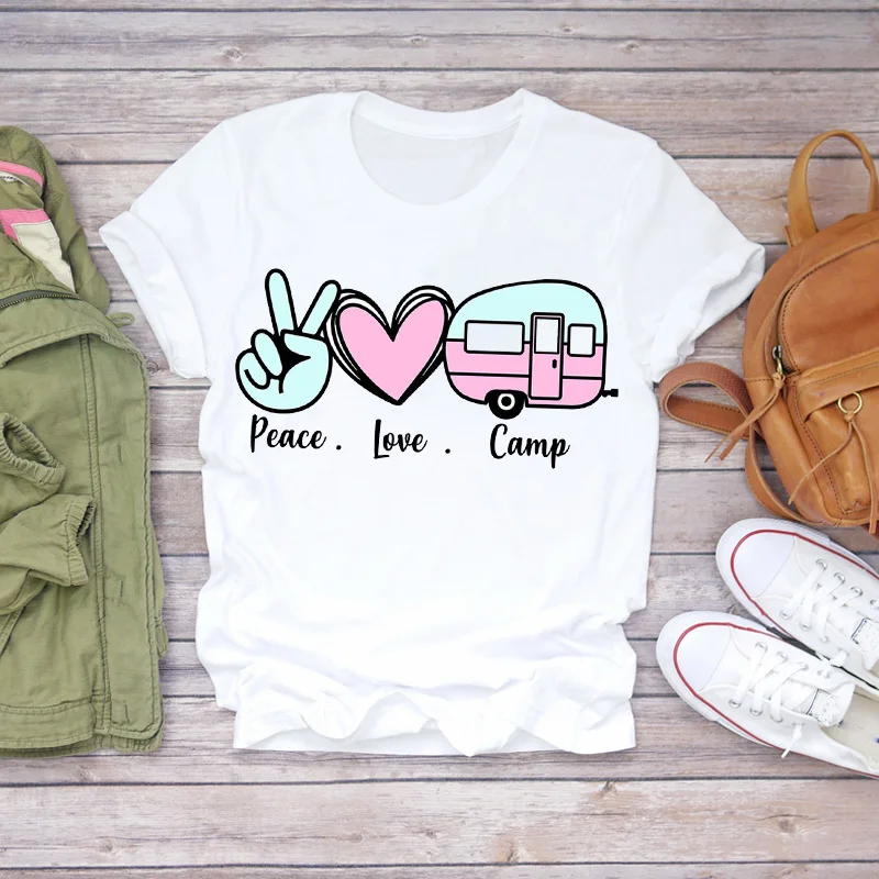 

Women T-shirts Love Happy Camper Fashion Short Sleeve Summer Autumn 90s Print Lady Womens Stylish T Top Shirt Girl Tee T-Shirt