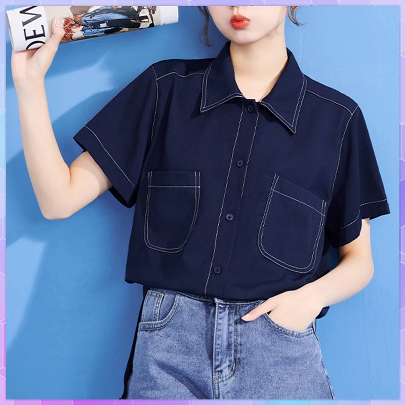 Solid Women's T-shirt 2021 Summer Short-sleeved Shirt Female Clothing Student T-shirts Pocket POLO Chiffon Top Button-down Tops