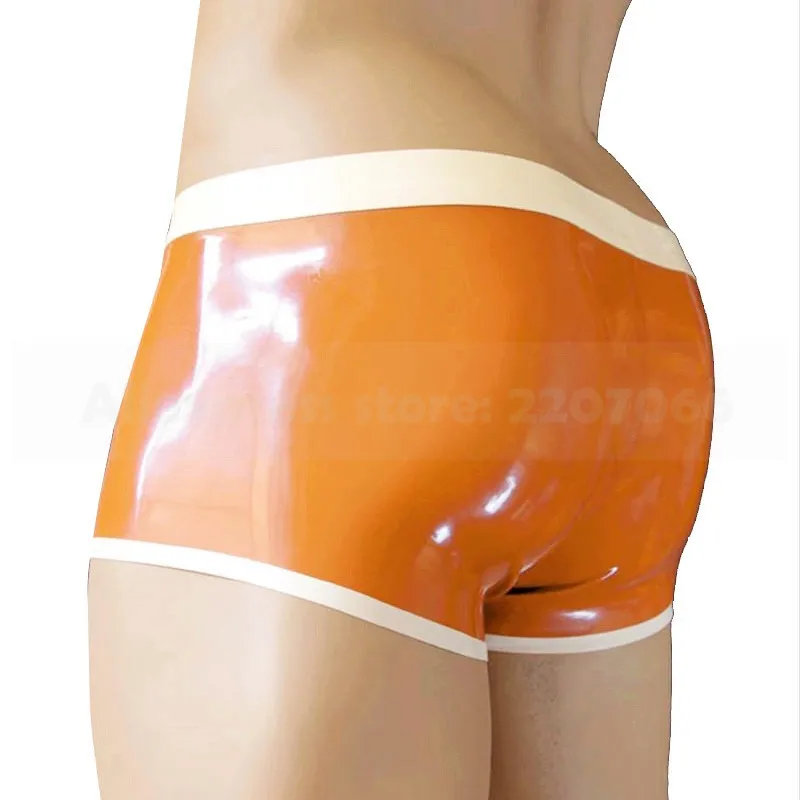 Natural Latex Men Shorts Sexy Briefs Rubber Panties Boxer Orange and White Lower Waist Handmade RPM042