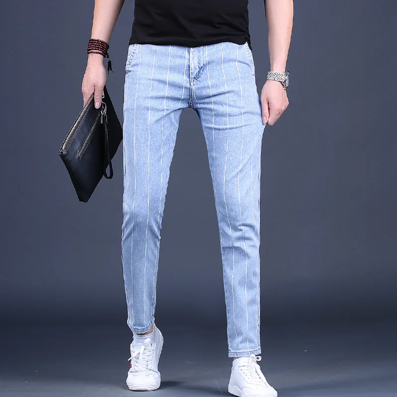 Gestreepte Jeans Zomer Blauw Koreaanse Stijl Mannen Slim Fit Denim Broek Streetwear Mannelijke Casual Broek