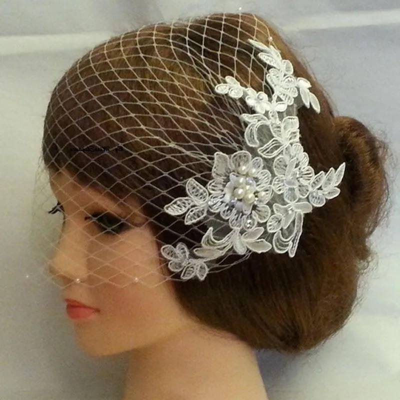 Velo de novia de encaje de una capa, velo de novia blanco, accesorios de tocado de boda, perlas, elegante, tocado con peine