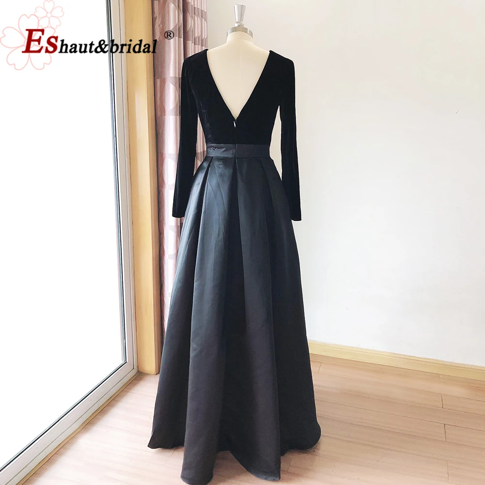 Vestido de noite feminino de veludo, elegante, mangas compridas, decote em v, cetim com fenda lateral, vestido formal, baile de casamento, 2021