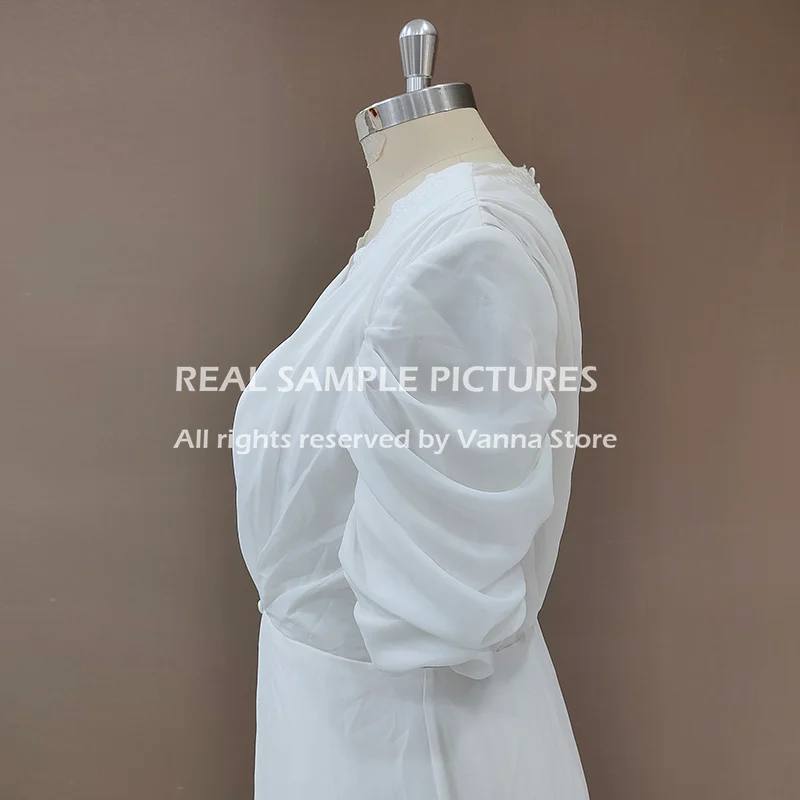 Vintage Victoriaanse Kant Chiffon Trouwjurk Korte Mouwen Real Photo Custom Made Prinses V-hals Bedekt Knoppen Bridal Jurk