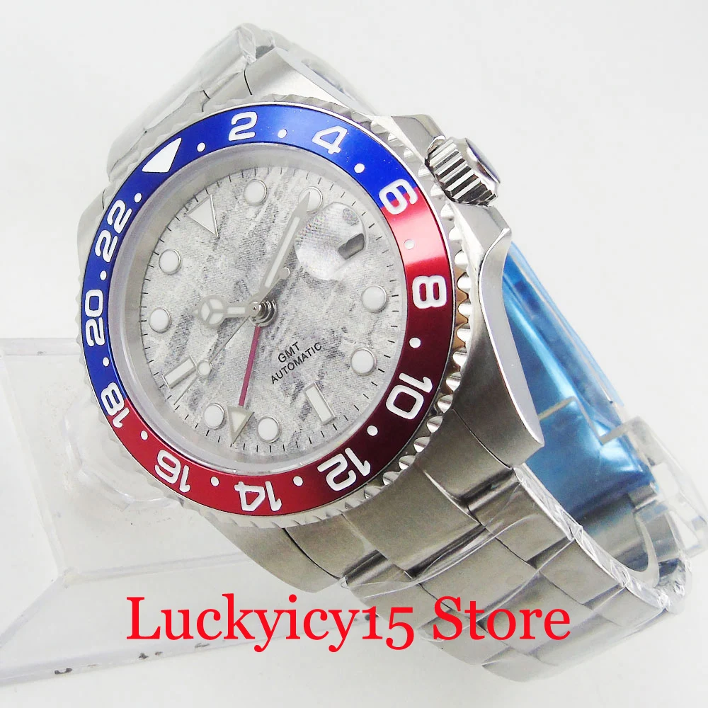 

BLIGER Nologo Sapphire Glass Self Winding Men Wristwatch Date Window SS Bracelet 40mm GMT Function