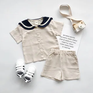 2023 Summer New Small And Medium-Sized Children Boys And Girls Navy Style Cotton Linen Short-Sleeved Shorts Suit