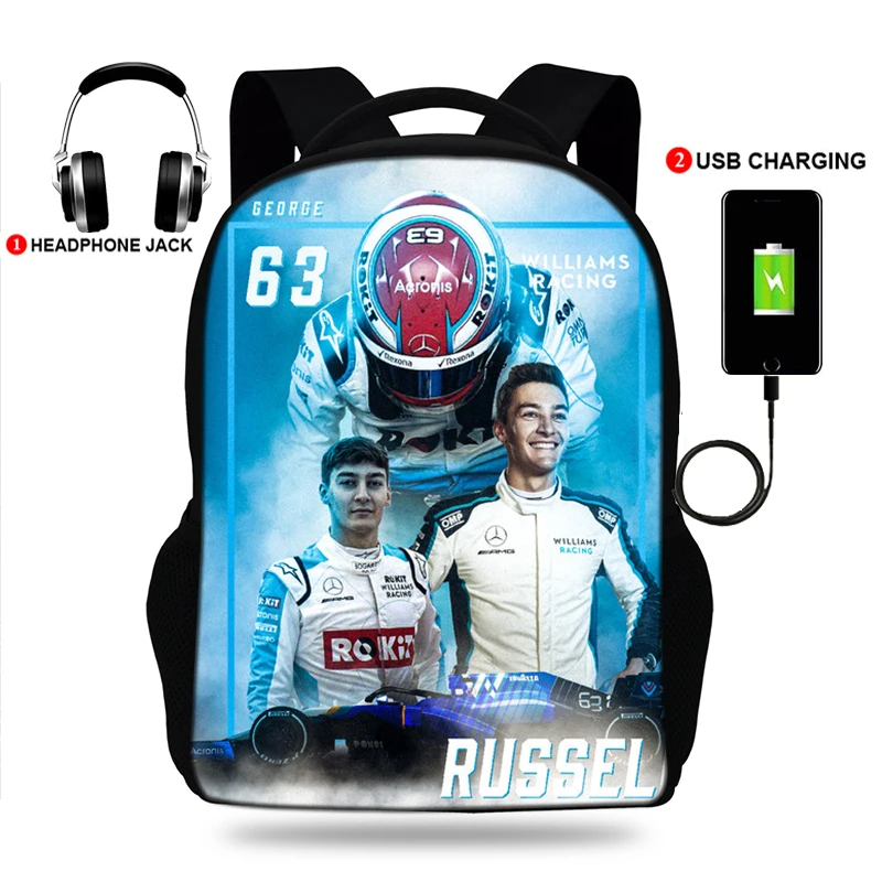 USB Charger School Bags for Teenage Boys &Girls F1 Racer F1 Formula World Champion Print Backpack Mens Laptop  Travel Rucksack