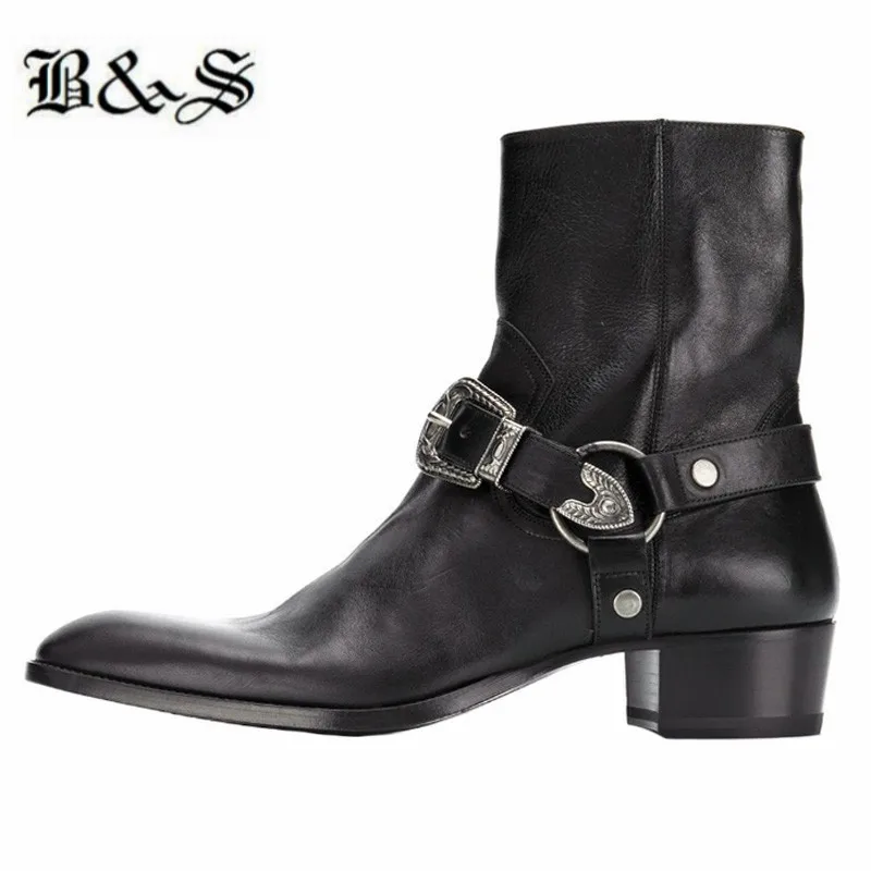 

Black& Street Men 2019 New metal rivets buckle strap personalized new season Chelsea Boots real leather handmade wedge men shoes