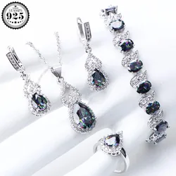 Natural Rainbow Jewelry Sets 925 Sterling Silver Stones Wedding Earrings For Women Stones Bracelet Necklace Rings Set Gifts Box