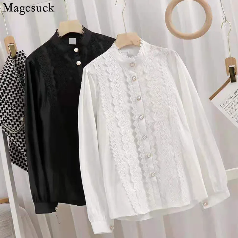 

Vintage Fashion Hollow Lace Patchwork Women's Shirt Autumn Stand Collar Lace Blouse Women Loose Long Sleeve Buttons Tops 16131