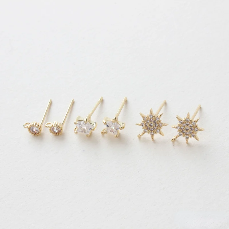 Copper plated real gold 14k inlaid zircon five-pointed star round silver needle stud earrings diy earring material accessories