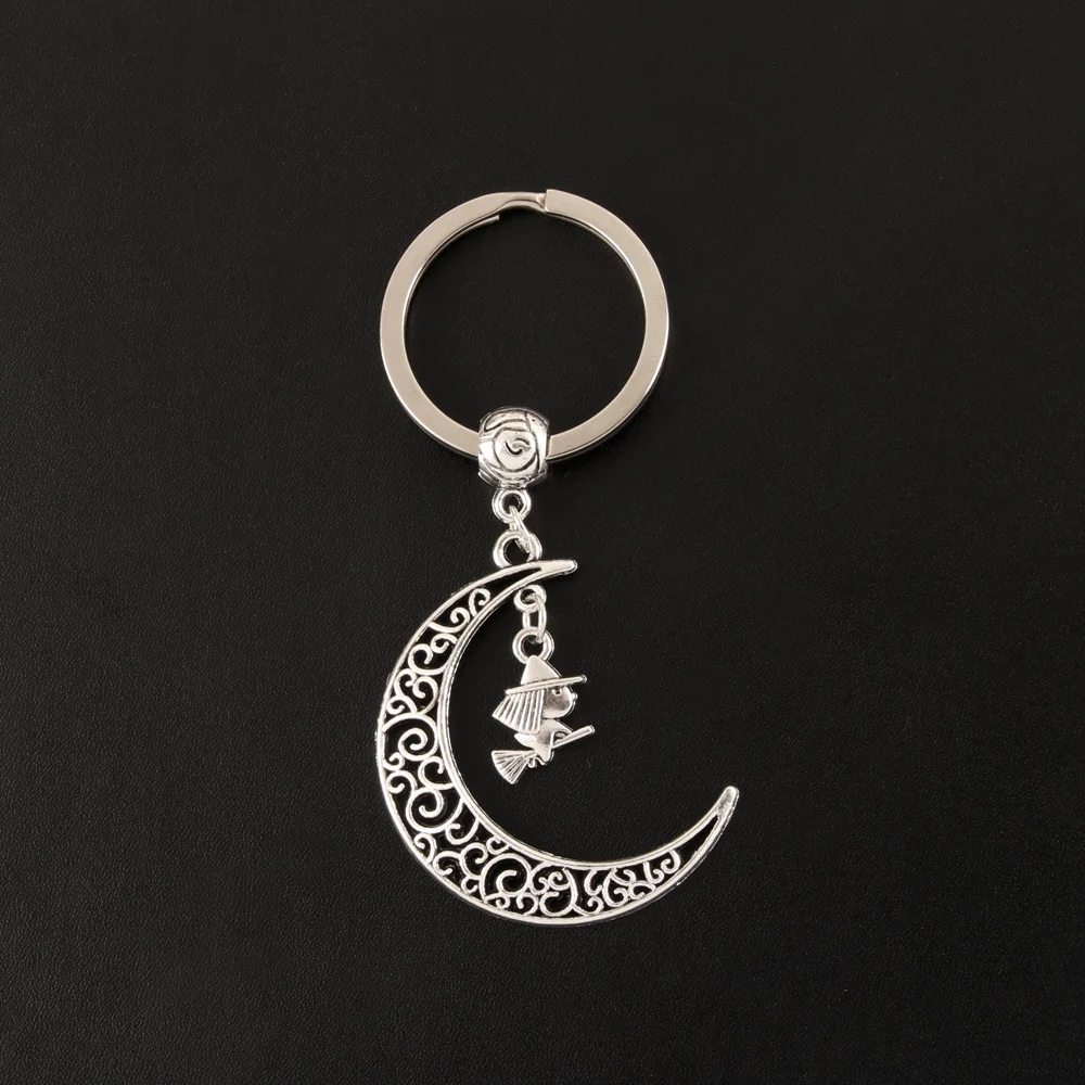 Vintage Crescent Hollow Moon Hung Witch Keychain Mysterious Gothic Jewelry For Women Men Car Key gift