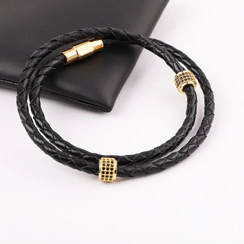 

High Quality 316L Stainless Steel Clasp CZ Pave Tube Genuine Leather Bracelet Men Jewelry Gift