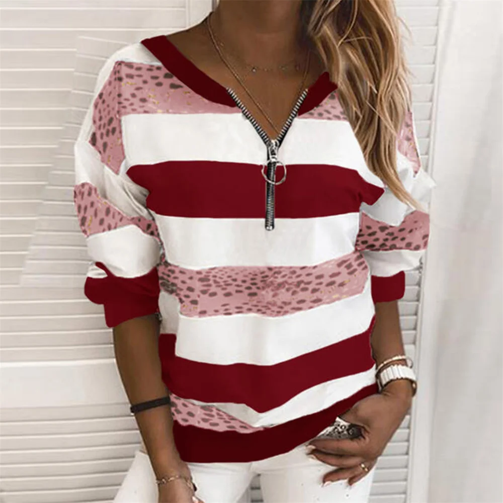 2021 Autumn Women Pullovers Harajuku Hoodie Zipper V-Neck Stripe Printed Tops Ladies Casual Loose Fleece Sweatshirt Streetwear