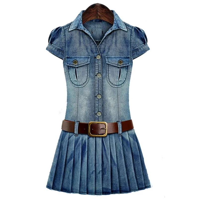 

2024 Summer Dress Fashion Turn-Down Collar Casual Solid Belt Slim JEANS DRESS Women Large Denim One-Piece Dresses